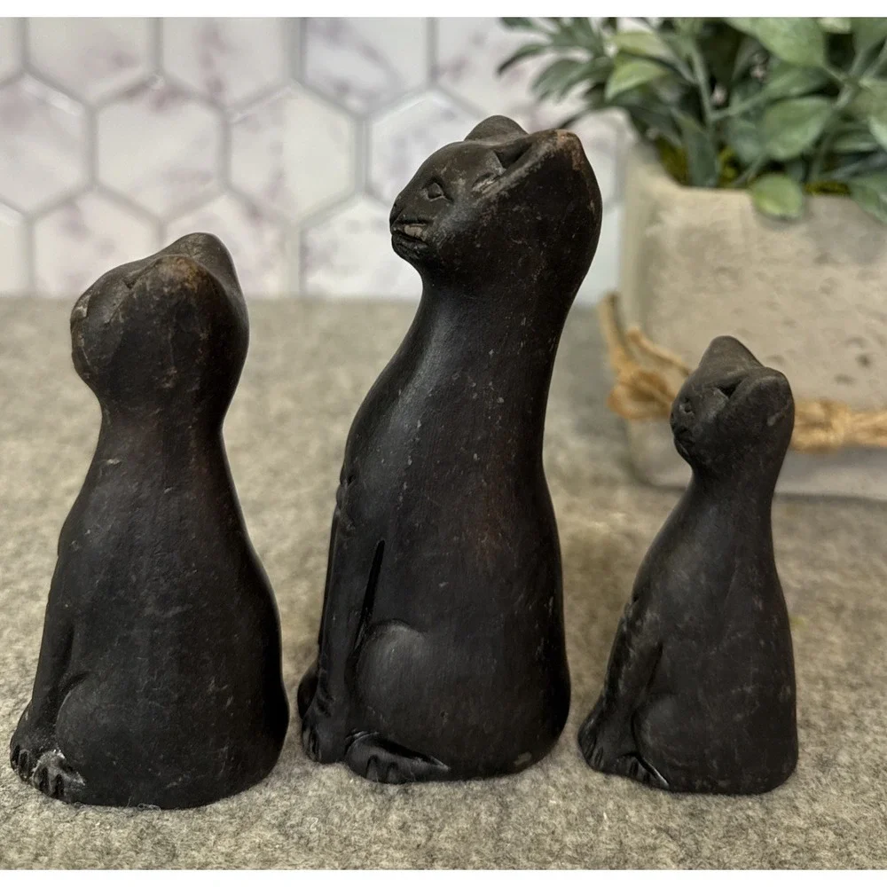 Vtg Black Clay Long Neck Tall Cat Lot Of 3 Shelf Sitter Figurines 4 To 2.25 In